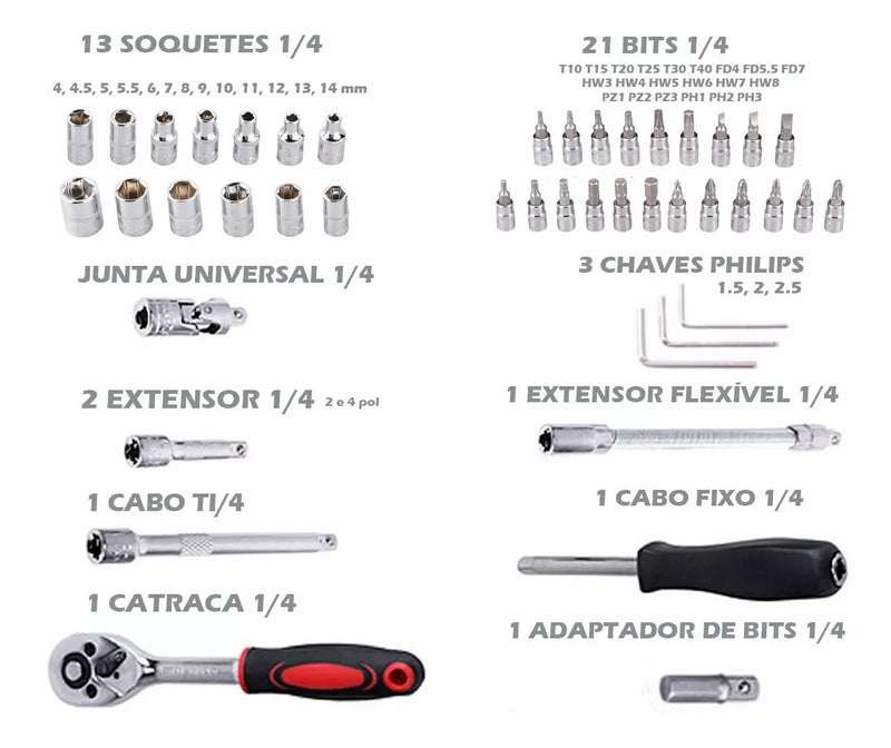 Kit de Ferramente 46 Peças - Chave Catraca Reversível e Estojo